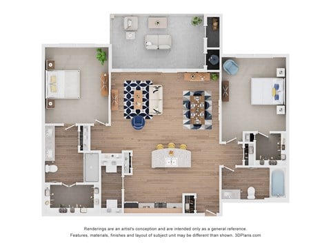Floor plan for 2 beds, 2 baths, 1092 sqft